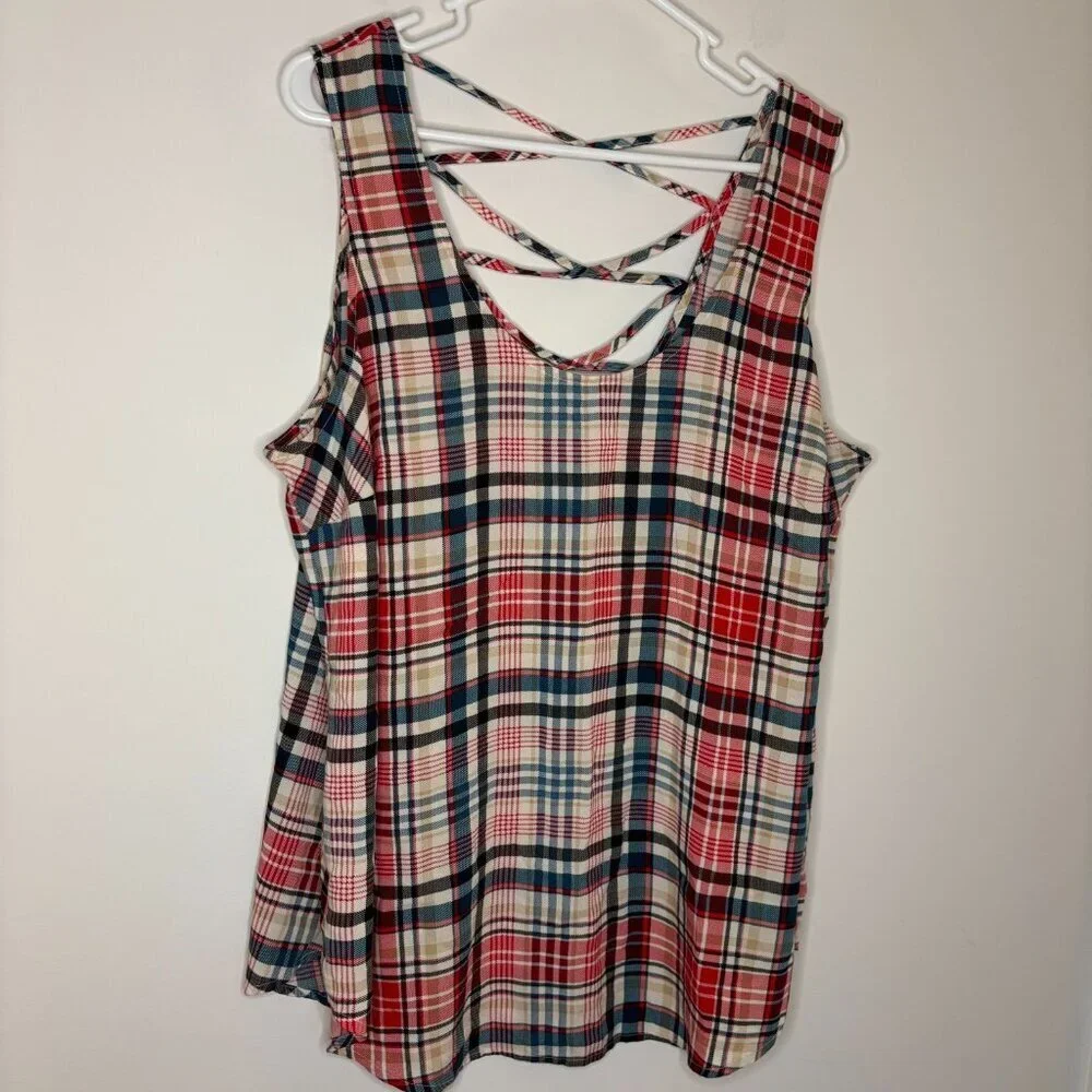 TORRID Challis Criss Cross Tank Womens 2X Red Navy Plaid Flowy Stretch